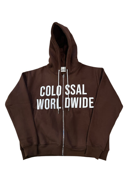 COLOSSAL WORLDWIDE Embroidered Flared Zip up- Brown/White